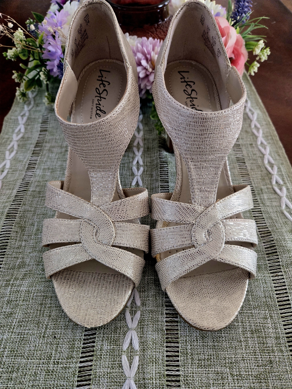 Life Stride Women's Metallic Champagne Strappy Heels